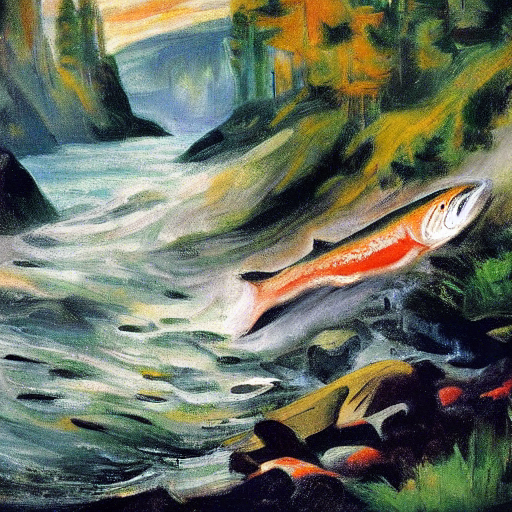 Salmon Run is an iconic painting by American painter Robert Henri. It depicts a panoramic view of the Columbia River, with salmon leaping upriver to spawn. The painting was commissioned by the Oregon Railroad and Navigation Company in 1914 as a celebration of the railroad's 50th anniversary.