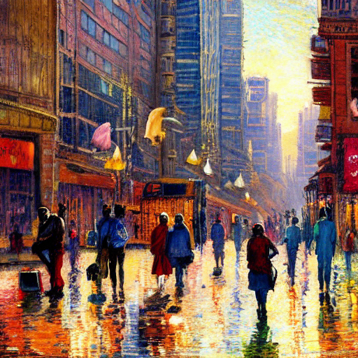 This painting depicts a bustling city street full of people and their belongings. The scene is brightly lit and colorful, and the buildings in the background are sharply silhouetted against the sky. The painting is undoubtedly impressionistic, with a loose, free style that allows the various elements to share the spotlight.