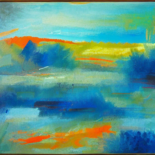 This painting is of an abstract landscape with bright blues, greens, and oranges. It has a feeling of dynamism and energy, as if it is constantly moving. The style is impressionistic, with soft brush strokes and strong highlights.