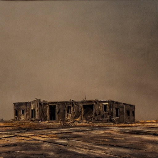 This painting is of an abandoned building in the middle of a dark desert. The subject is an old, crumbling building surrounded by nothing but empty, scorched earth. The painting is dark and moody, with a erie, atmospheric feel to it.
